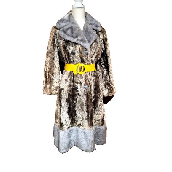 VTG MOD 60 70s trench Faux SILVER MINK Fur Broadtail Lamb Double Breasted Coat M - Picture 9 of 11